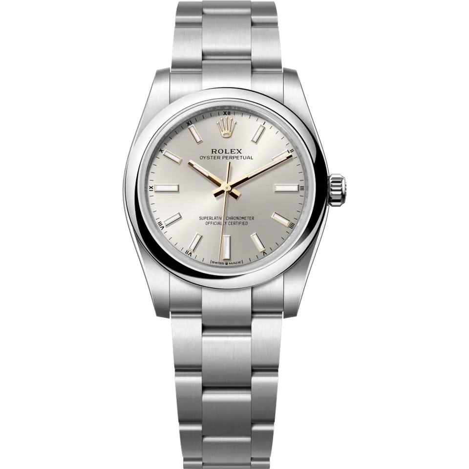 Rolex Oyster Perpetual 34 124200 with a silver dial and a smooth steel bezel on an Oyster bracelet, front view