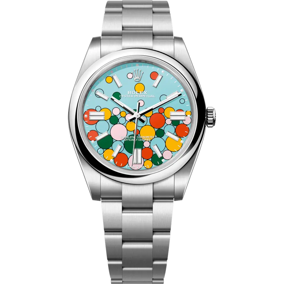 Rolex Oyster Perpetual 41 124300 with a turquoise blue Celebration dial with multicoloured bubbles and a smooth steel bezel on an Oyster bracelet, front view