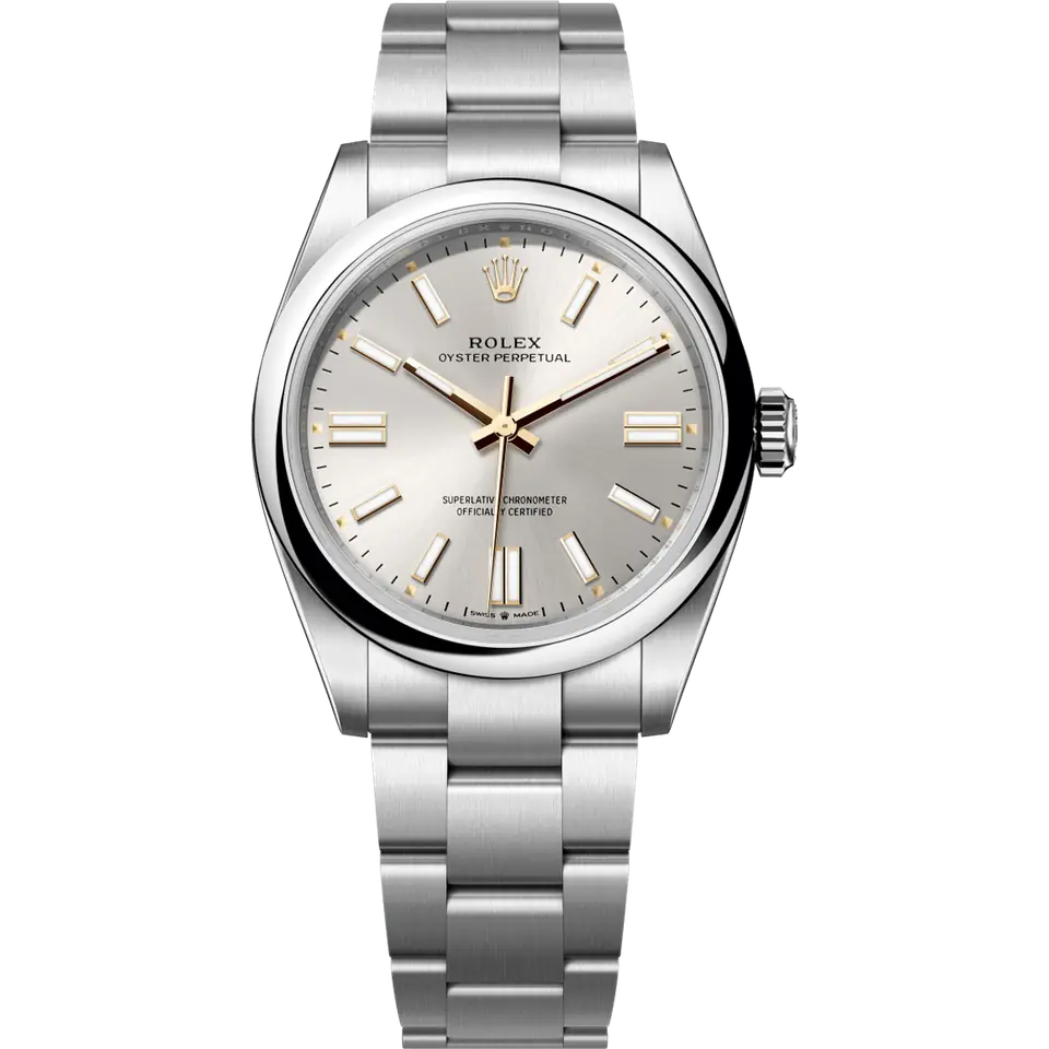Rolex Oyster Perpetual 41 134300 with a silver dial and a smooth steel bezel on an Oyster bracelet, front view