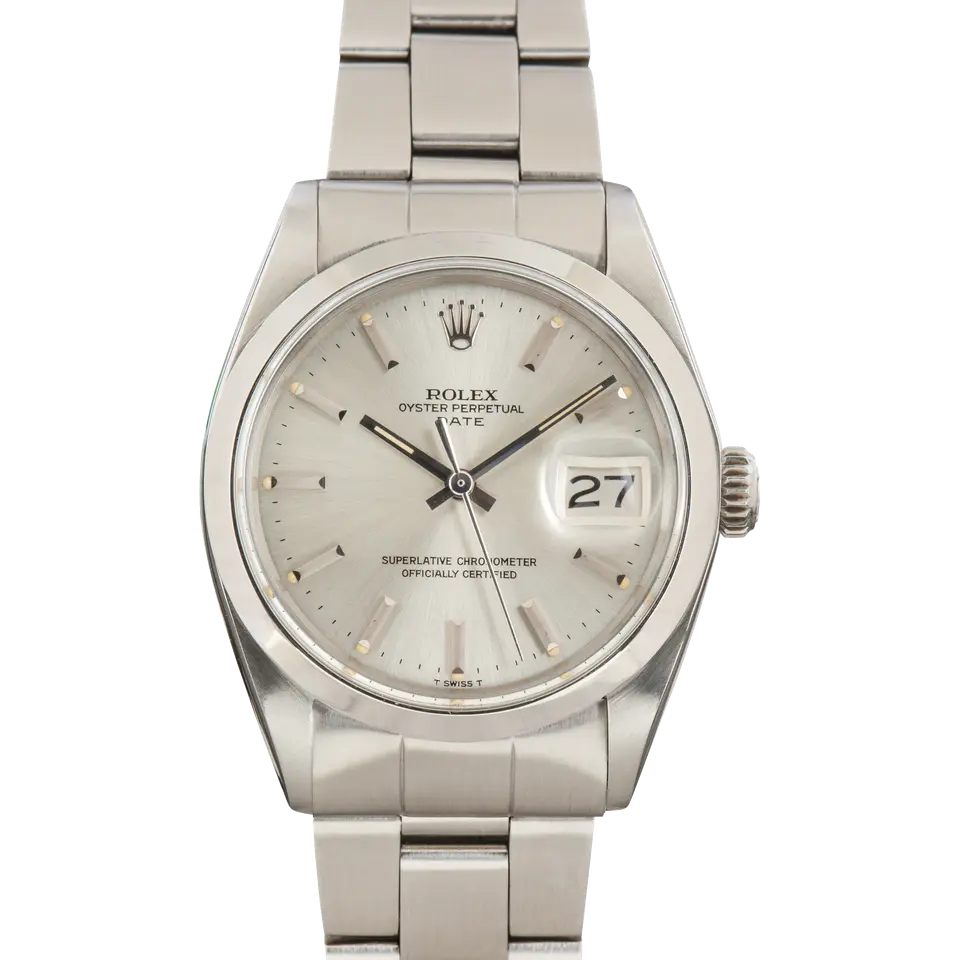 Rolex Oyster Perpetual Date 34 1500 with a silver dial with date window and smooth steel bezel on an Oyster bracelet, a pre-owned example, front view of the whole watch
