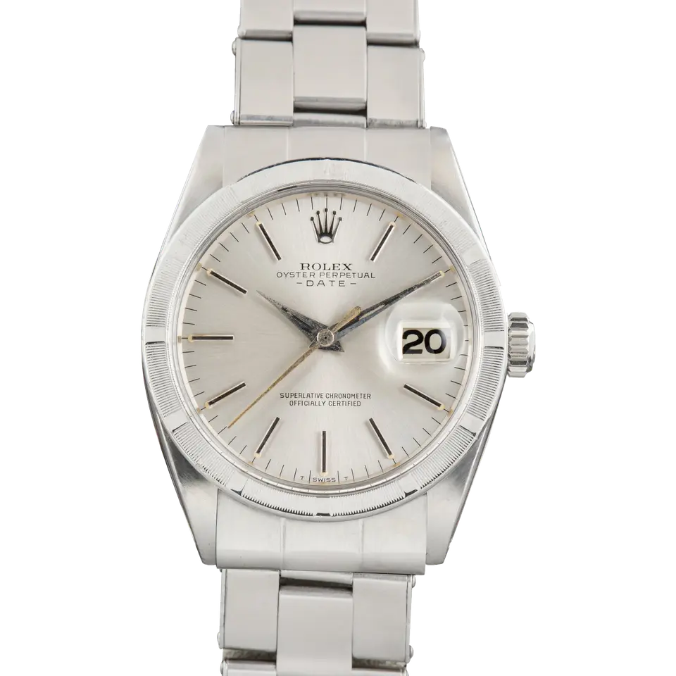 Rolex Oyster Perpetual Date 34 1501 with a silver dial with date window and engine-turned steel bezel on an Oyster bracelet, a pre-owned example, front view of the whole watch