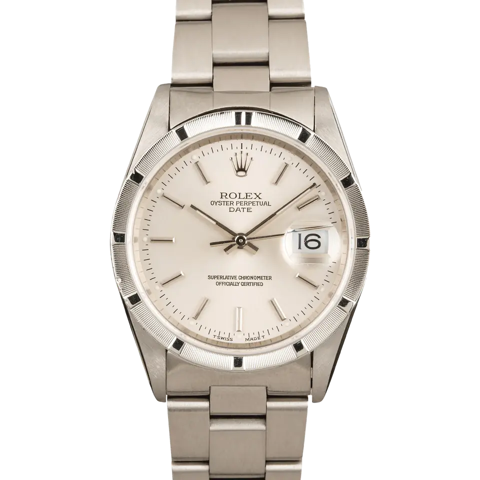 Rolex Oyster Perpetual Date 34 15010 with a silver dial with date window and engine-turned steel bezel on an Oyster bracelet, a pre-owned example, front view of the whole watch
