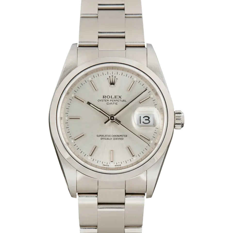 Rolex Oyster Perpetual Date 34 15200 with a silver dial with date window and smooth steel bezel on an Oyster bracelet, a pre-owned example, front view of the whole watch