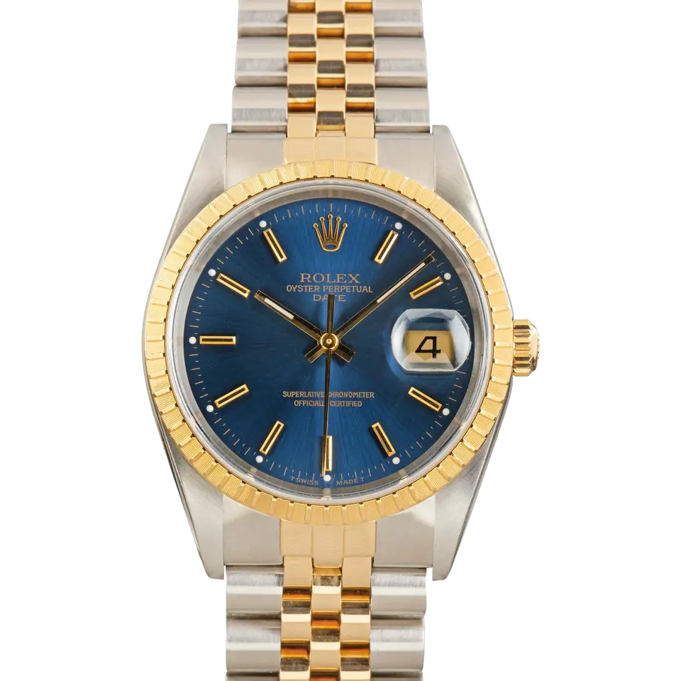 Rolex Oyster Perpetual Date 34 15223 with a blue dial with date window and engine-turned yellow gold bezel in steel and yellow gold on a Jubilee bracelet, a pre-owned example, front view of the whole watch