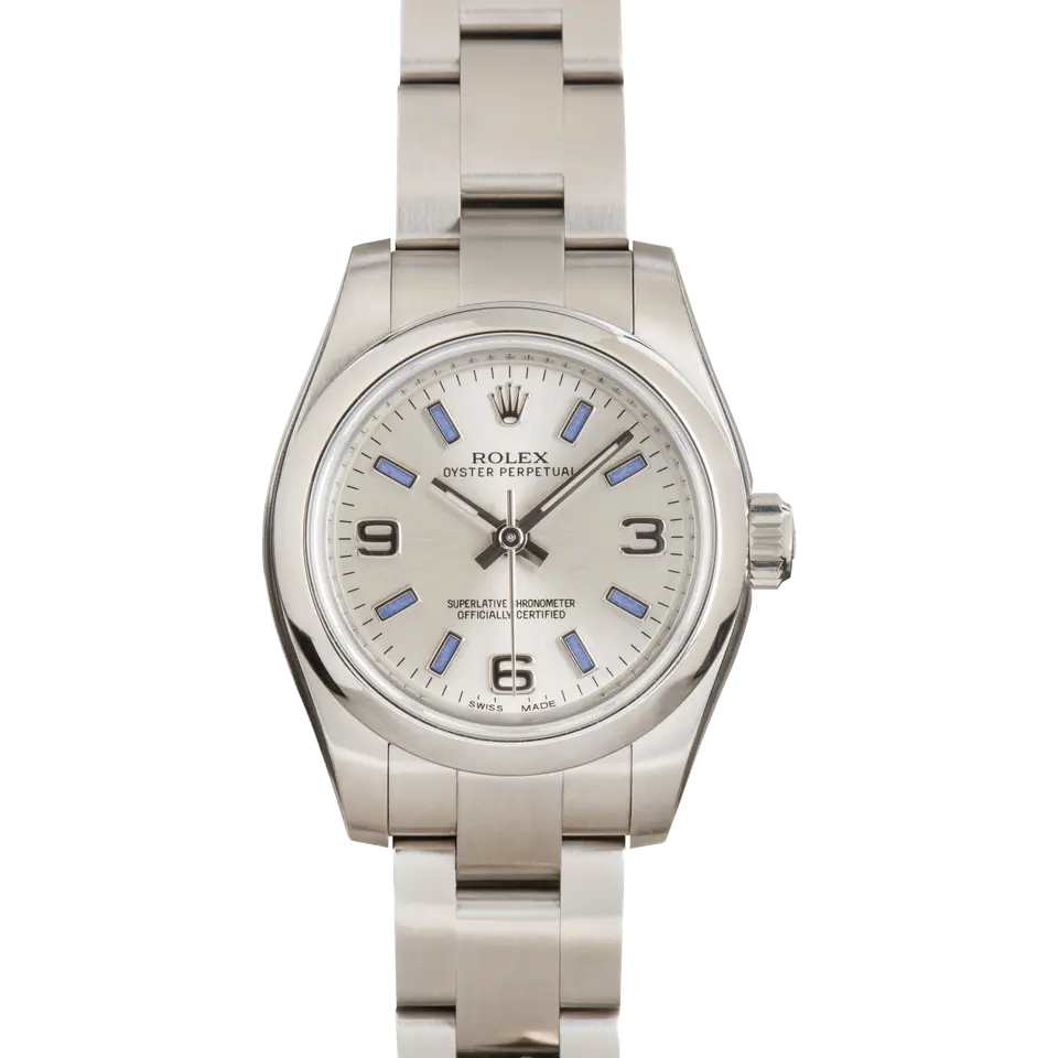 Rolex Oyster Perpetual 26 176200 with a silver dial with 3, 6 and 9 numerals, smooth steel bezel and steel Oyster bracelet, a pre-owned example, front view of the whole watch