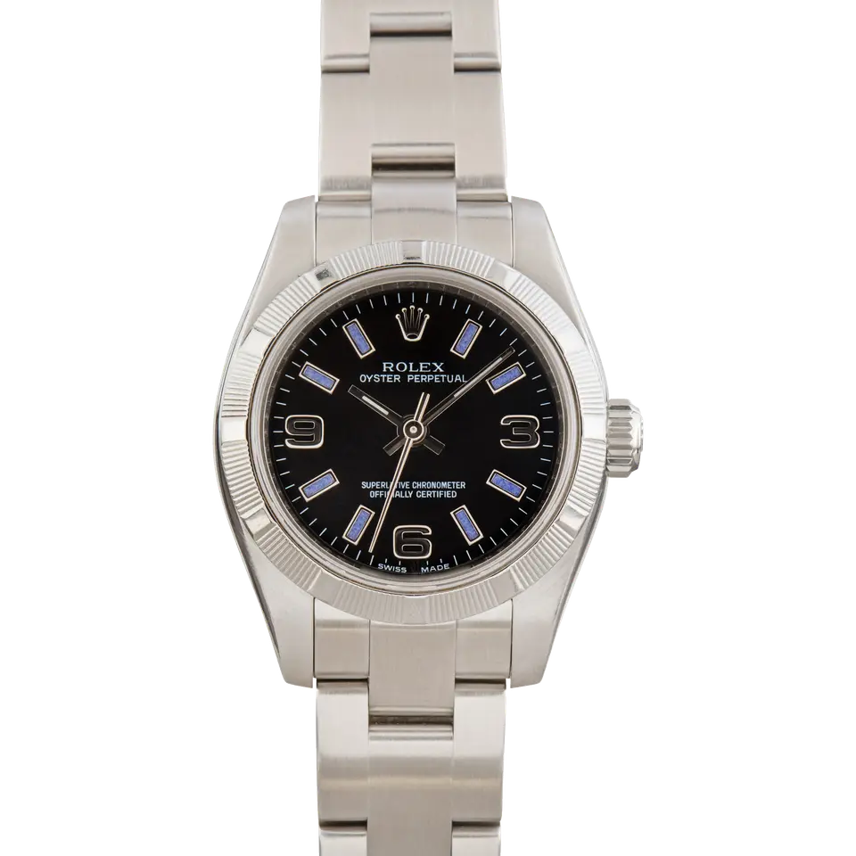 Rolex Oyster Perpetual 26 176210 with a black dial with 3, 6 and 9 numerals, engine-turned steel bezel and steel Oyster bracelet, a pre-owned example, front view of the whole watch