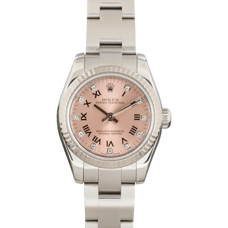 Rolex Oyster Perpetual 26 176234 with a pink Roman-numeral dial with diamond markers, fluted white gold bezel and steel Oyster bracelet, a pre-owned example, front view of the whole watch