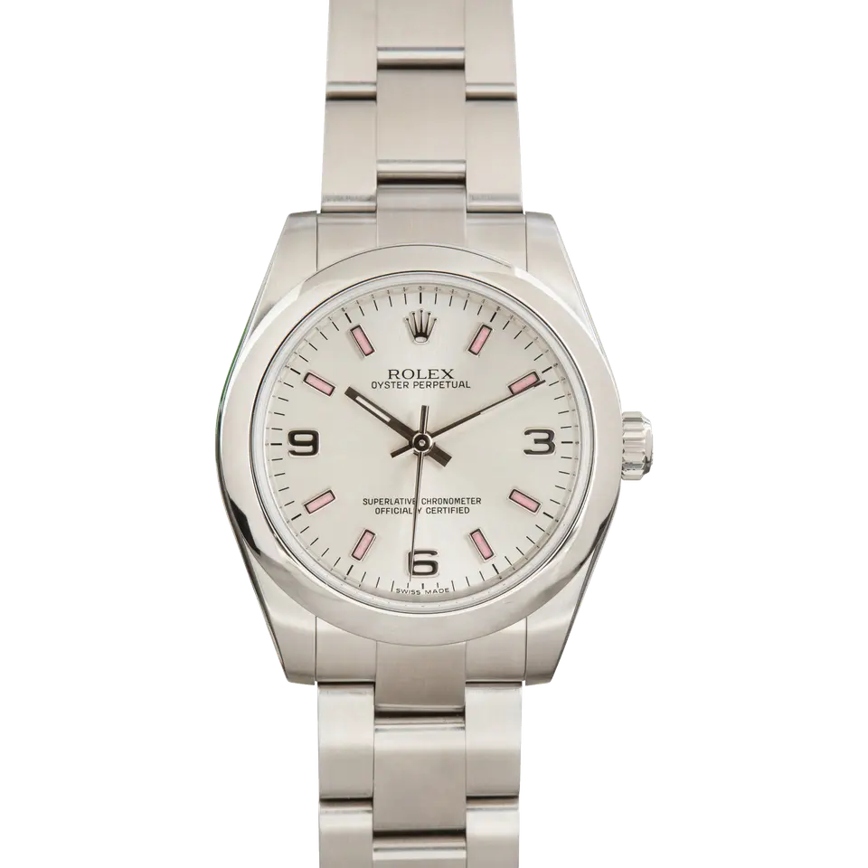 Rolex Oyster Perpetual 31 177200 with a silver dial with pink markers and smooth steel bezel on an Oyster bracelet, a pre-owned example, front view of the whole watch