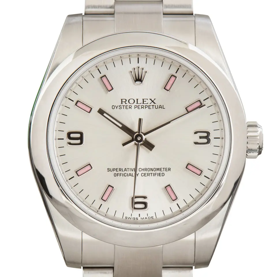 Rolex Oyster Perpetual 31 177200 with a silver dial with pink markers and smooth steel bezel on an Oyster bracelet, a pre-owned example, studio close-up of the case