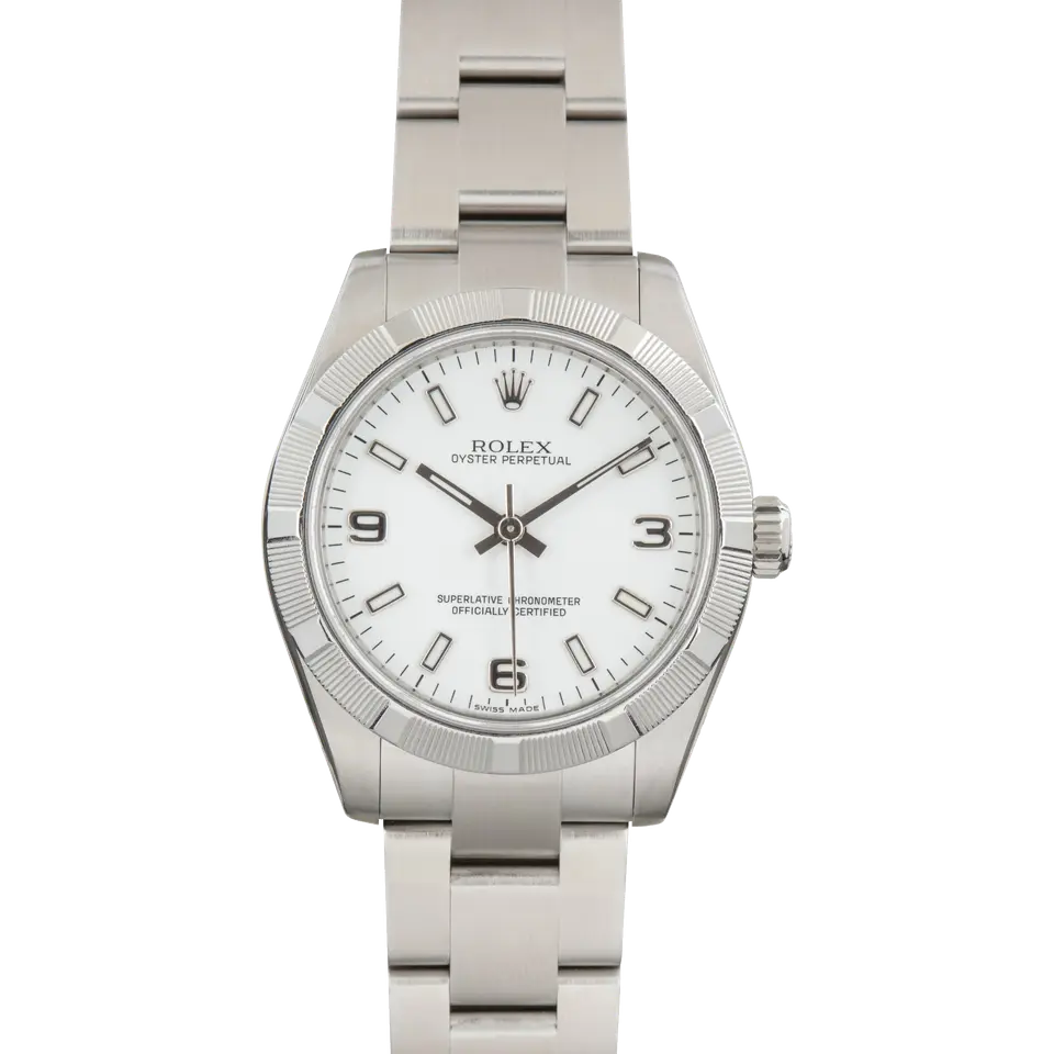 Rolex Oyster Perpetual 31 177210 with a white dial with 3, 6 and 9 numerals, engine-turned steel bezel and steel Oyster bracelet, a pre-owned example, front view of the whole watch