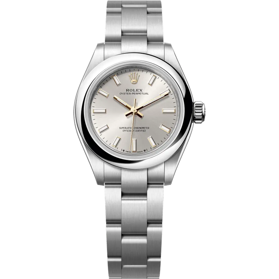 Rolex Oyster Perpetual 28 276200 with a silver dial and a smooth steel bezel on an Oyster bracelet, front view