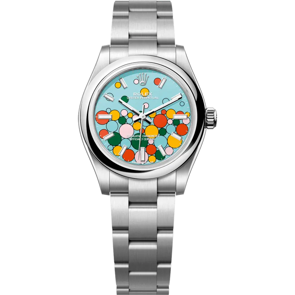 Rolex Oyster Perpetual 31 277200 with a turquoise blue Celebration dial with multicoloured bubbles and a smooth steel bezel on an Oyster bracelet, front view
