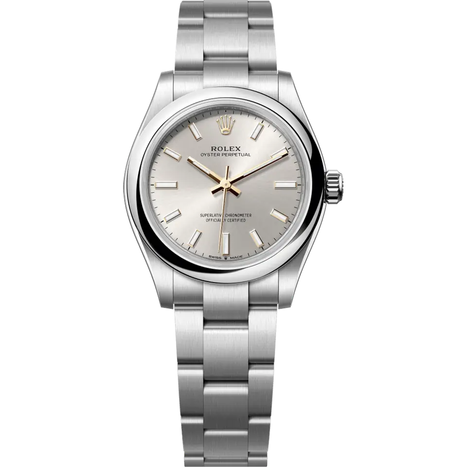 Rolex Oyster Perpetual 31 277200 with a silver dial and a smooth steel bezel on an Oyster bracelet, front view