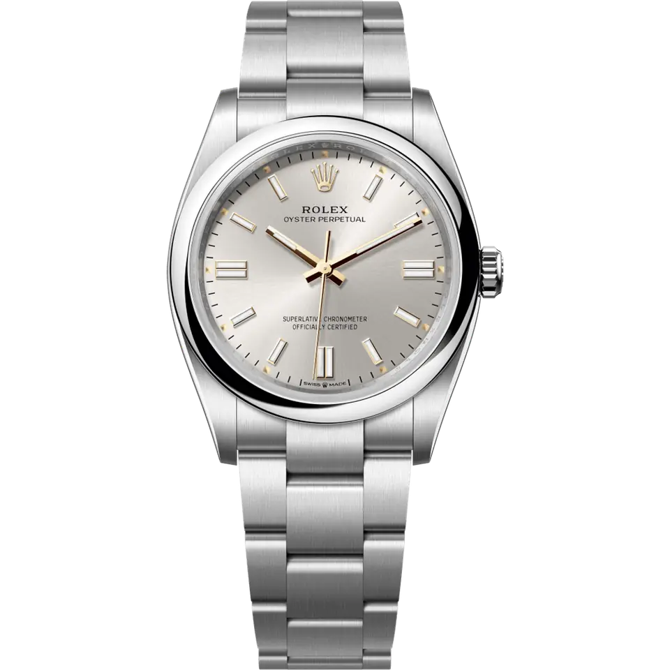 Rolex Oyster Perpetual 36 126000 with a silver dial and a smooth steel bezel on an Oyster bracelet, front view