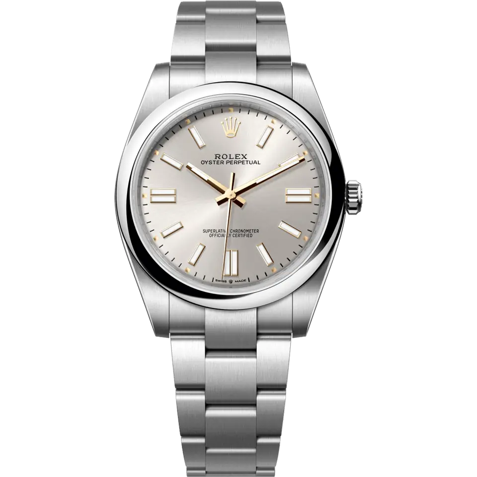 Rolex Oyster Perpetual 41 124300 with a silver dial and a smooth steel bezel on an Oyster bracelet, front view