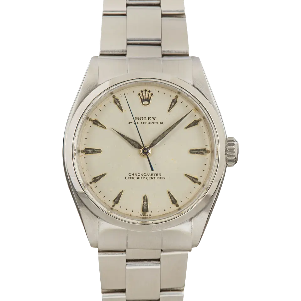 Rolex Oyster Perpetual 34 6284 with a silver dial with arrow markers, smooth steel bezel and steel Oyster bracelet, a pre-owned example, front view of the whole watch