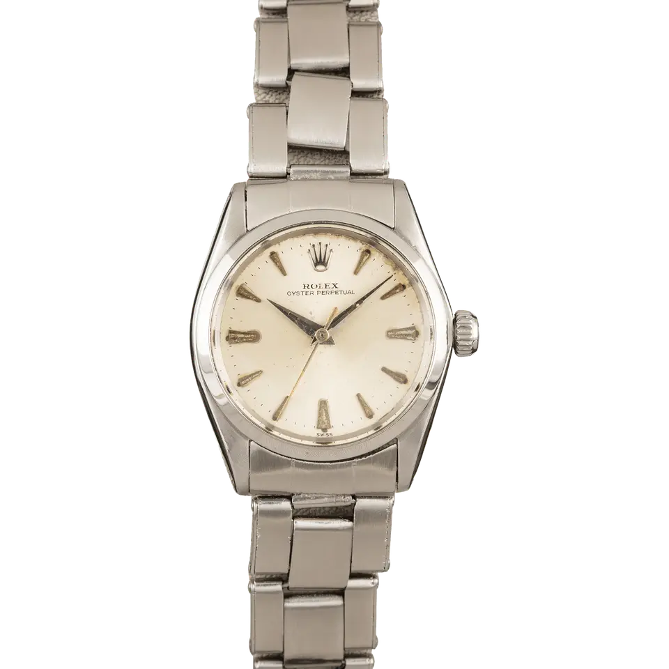 Rolex Oyster Perpetual 6548 with a silver dial with arrow markers, smooth steel bezel and steel Oyster bracelet, a pre-owned example, front view of the whole watch