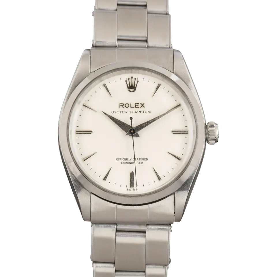 Rolex Oyster Perpetual 34 6564 with a white dial, smooth steel bezel and steel Oyster bracelet, a pre-owned example, front view of the whole watch