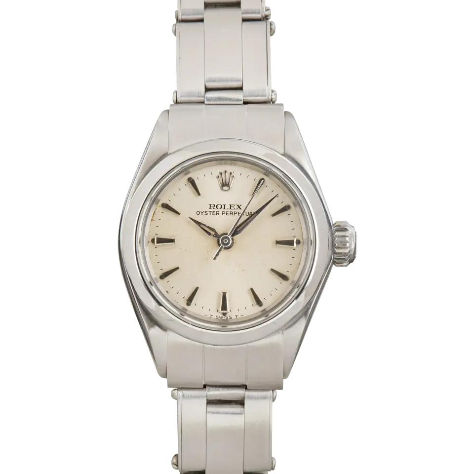 Rolex Oyster Perpetual 24 6618 with a silver dial, smooth steel bezel and steel Oyster bracelet, a pre-owned example, front view of the whole watch