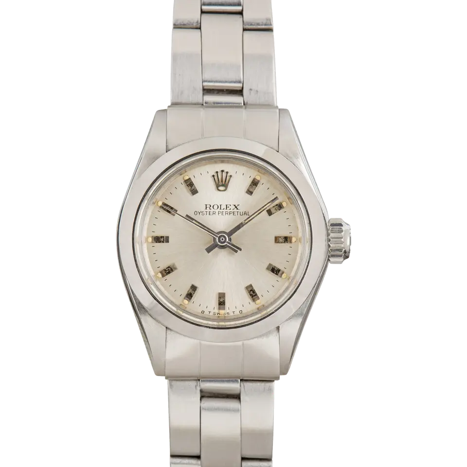 Rolex Oyster Perpetual 26 6718 with a silver dial, smooth steel bezel and steel Oyster bracelet, a pre-owned example, front view of the whole watch
