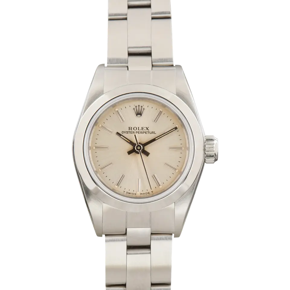 Rolex Ladies Oyster Perpetual 67180 with a silver dial, smooth steel bezel and steel Oyster bracelet, a pre-owned example, front view of the whole watch