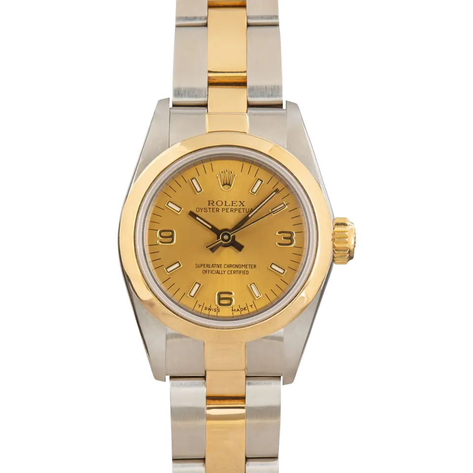 Rolex Ladies Oyster Perpetual 67183 with a champagne dial with 3, 6 and 9 numerals, smooth yellow gold bezel and steel and gold Oyster bracelet, a pre-owned example, front view of the whole watch