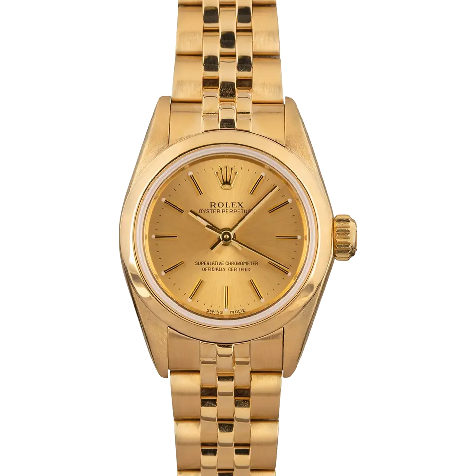 Rolex Ladies Oyster Perpetual 67188 with a champagne dial, smooth yellow gold bezel and yellow gold Jubilee bracelet, a pre-owned example, front view of the whole watch