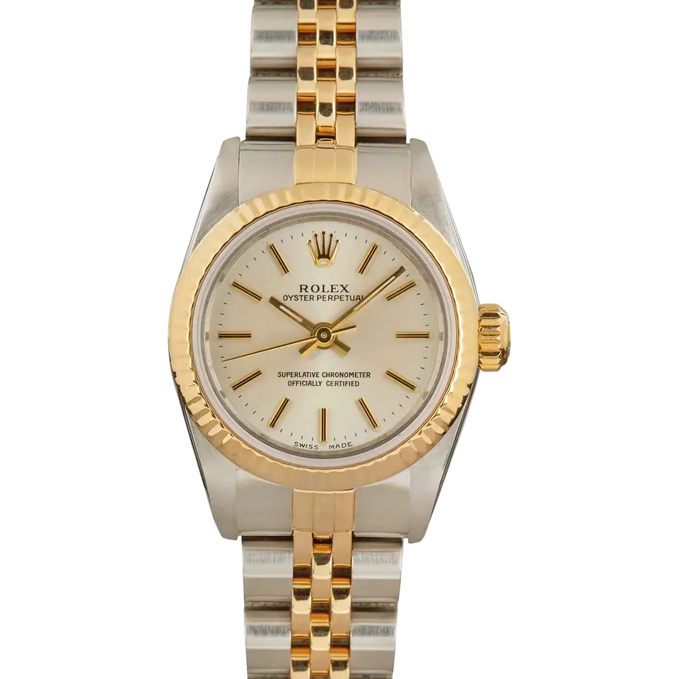 Rolex Oyster Perpetual 26 67193 with a silver dial and polished yellow gold bezel in steel and yellow gold on a Jubilee bracelet, a pre-owned example, front view of the whole watch