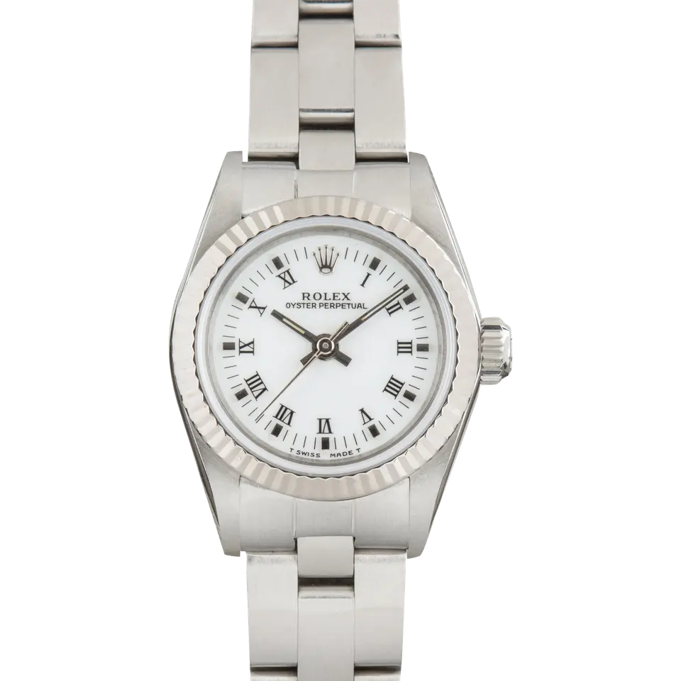 Rolex Ladies Oyster Perpetual 67194 with a white Roman-numeral dial, fluted white gold bezel and steel Oyster bracelet, a pre-owned example, front view of the whole watch