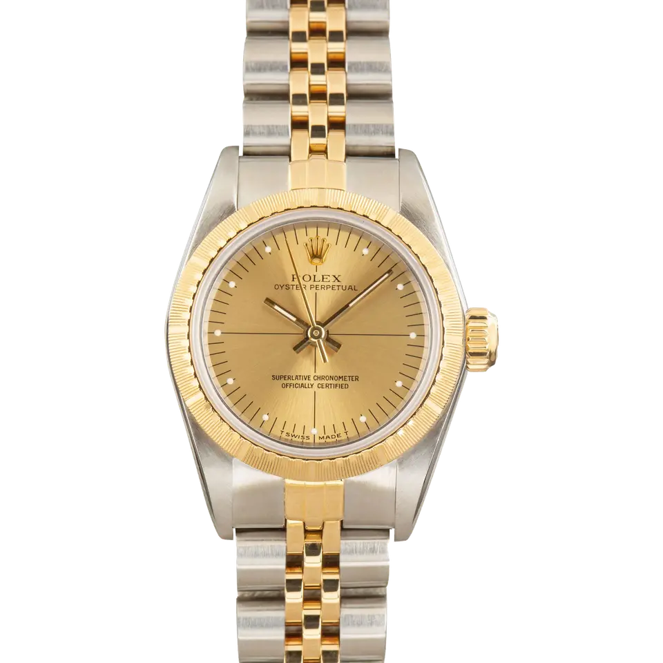 Rolex Ladies Oyster Perpetual 67243 with a champagne dial, engine-turned yellow gold bezel and steel and gold Jubilee bracelet, a pre-owned example, front view of the whole watch