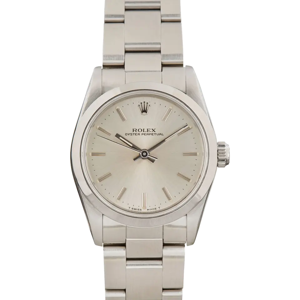 Rolex Oyster Perpetual 31 67480 with a silver dial, smooth steel bezel and steel Oyster bracelet, a pre-owned example, front view of the whole watch