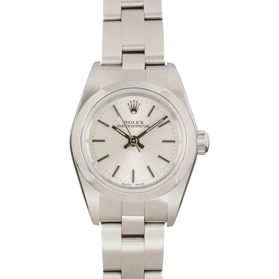 Rolex Ladies Oyster Perpetual 76080 with a silver dial, smooth steel bezel and steel Oyster bracelet, a pre-owned example, front view of the whole watch
