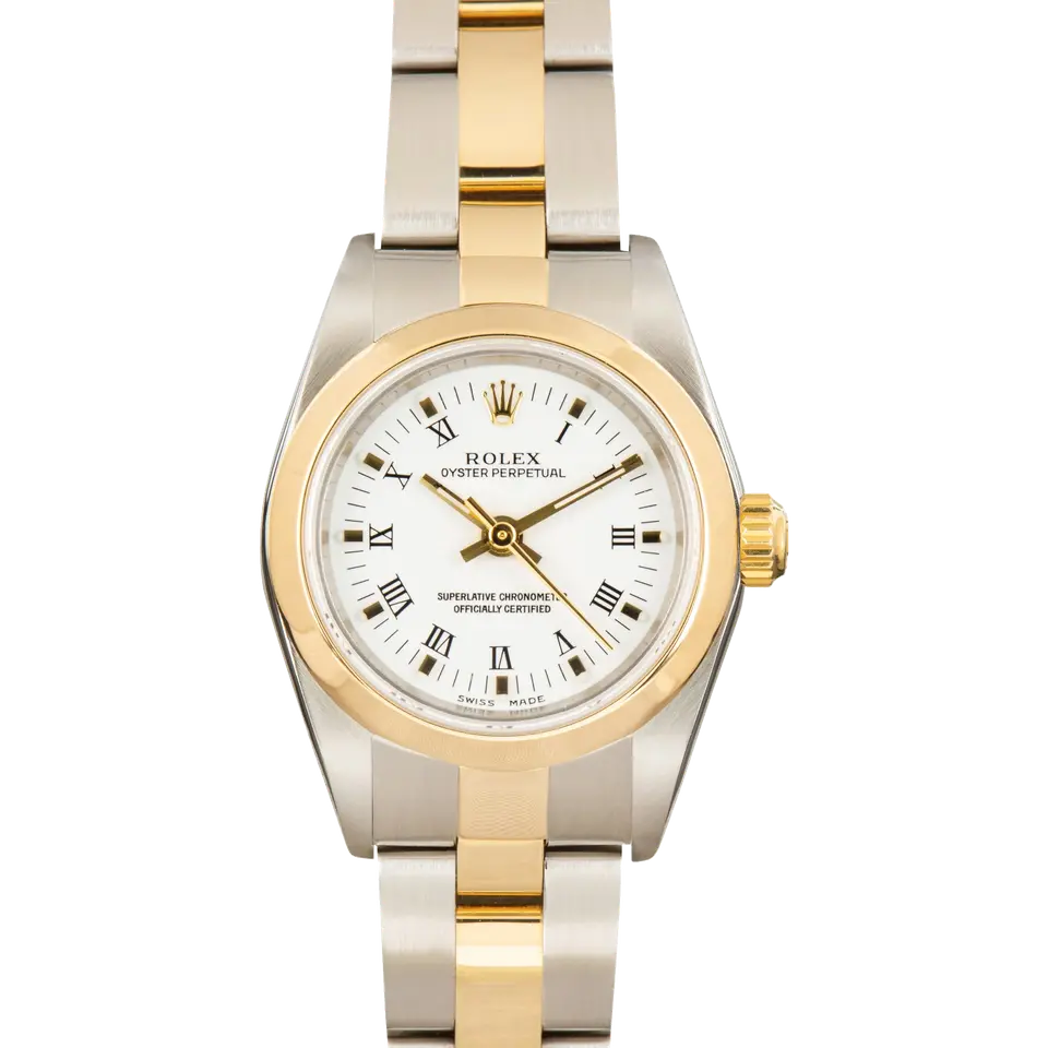 Rolex Oyster Perpetual 24 76183 with a white Roman-numeral dial, smooth yellow gold bezel and steel and gold Oyster bracelet, a pre-owned example, front view of the whole watch