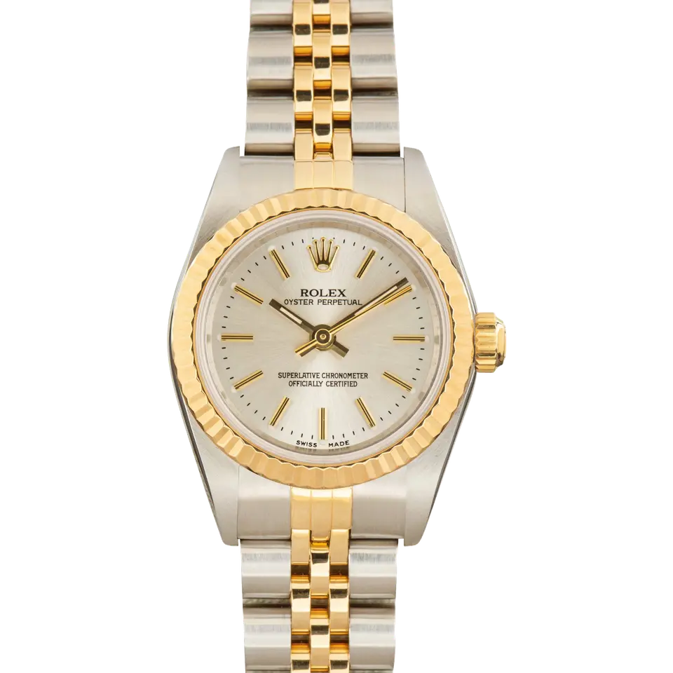Rolex Oyster Perpetual 26 76193 with a silver dial, fluted yellow gold bezel and steel and gold Jubilee bracelet, a pre-owned example, front view of the whole watch