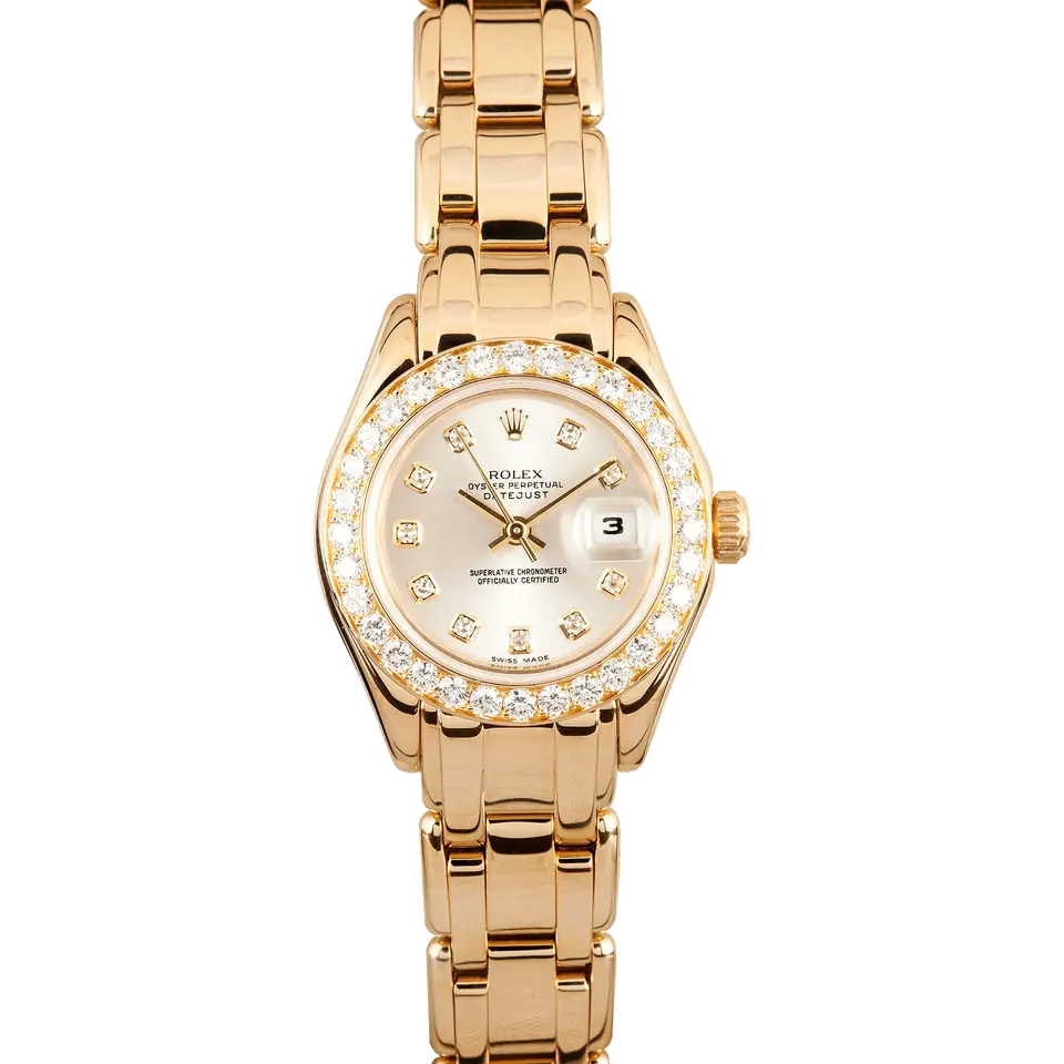 Rolex Pearlmaster 29 69298 with a silver dial with diamond hour markers, diamond-set bezel and yellow gold Pearlmaster bracelet, a pre-owned example, front view of the whole watch