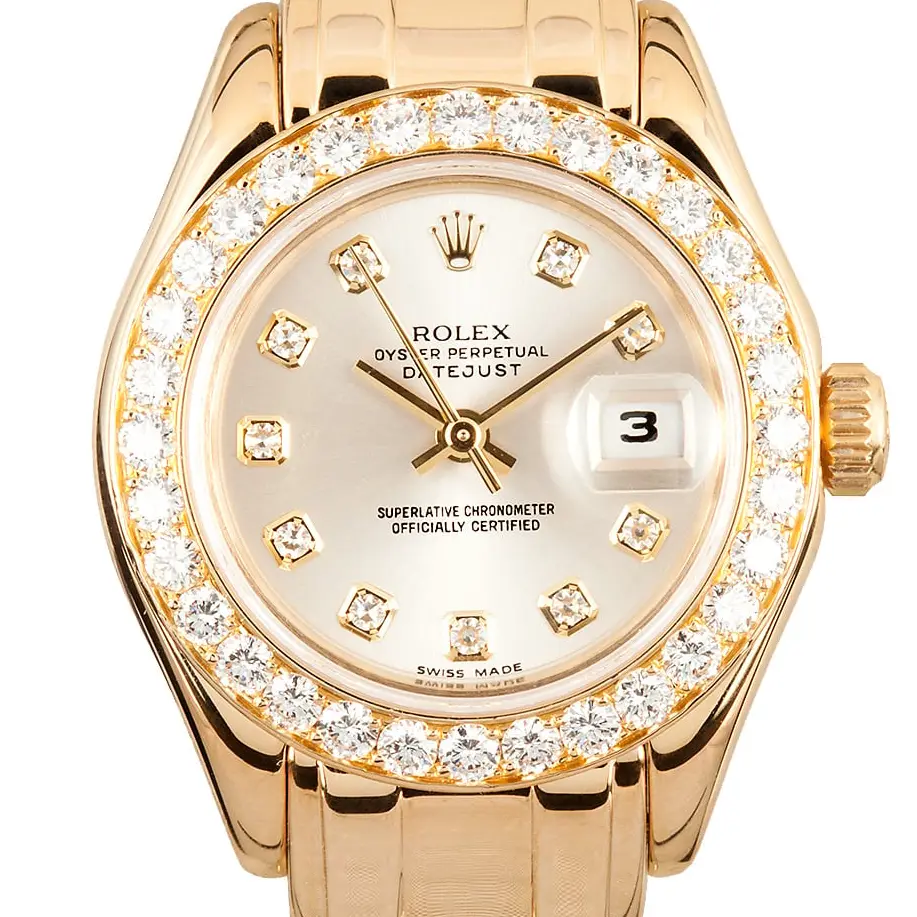 Rolex Pearlmaster 29 69298 with a silver dial with diamond hour markers, diamond-set bezel and yellow gold Pearlmaster bracelet, a pre-owned example, studio close-up of the case