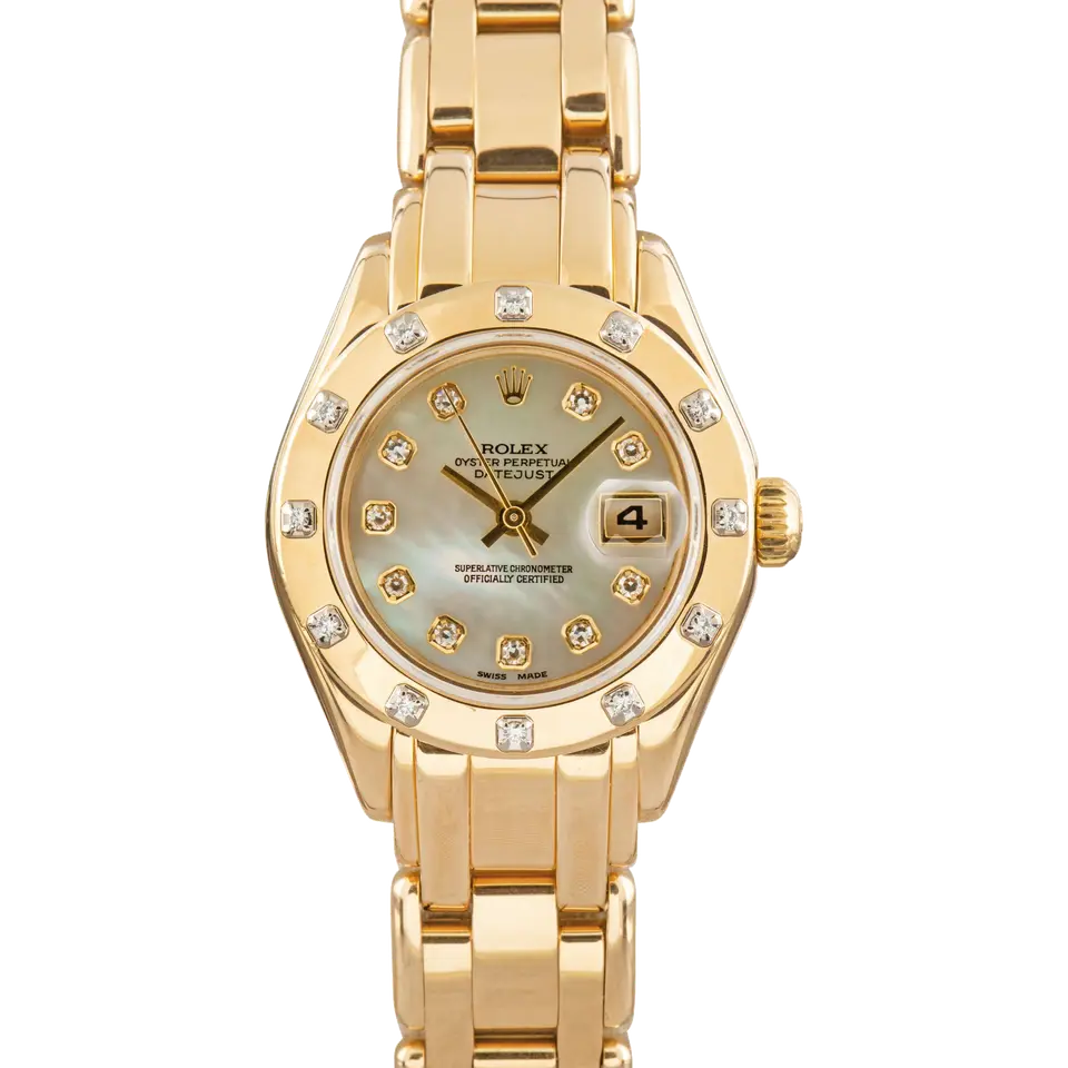 Rolex Pearlmaster 29 69318 with a mother-of-pearl dial with diamond hour markers, gem-set yellow gold bezel and yellow gold Pearlmaster bracelet, a pre-owned example, front view of the whole watch