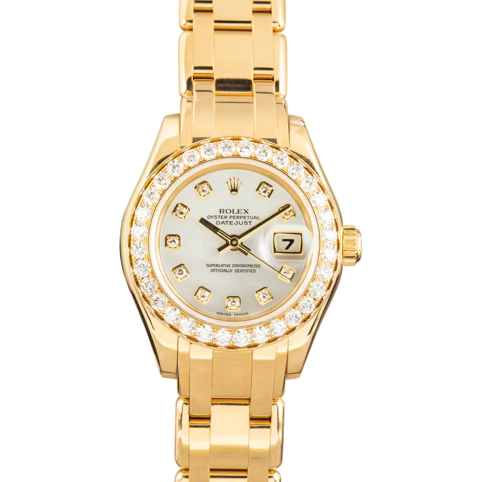 Rolex Pearlmaster 29 80298 with a mother-of-pearl dial with diamond hour markers, diamond-set bezel and yellow gold Pearlmaster bracelet, a pre-owned example, front view of the whole watch