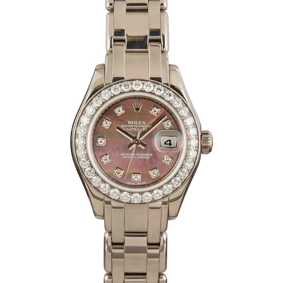 Rolex Pearlmaster 29 80299 with a dark mother-of-pearl dial with diamond hour markers, diamond-set bezel and white gold Pearlmaster bracelet, a pre-owned example, front view of the whole watch