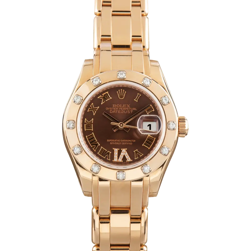 Rolex Pearlmaster 80315 with a chocolate Roman-numeral dial, gem-set Everose gold bezel and Everose gold Pearlmaster bracelet, a pre-owned example, front view of the whole watch