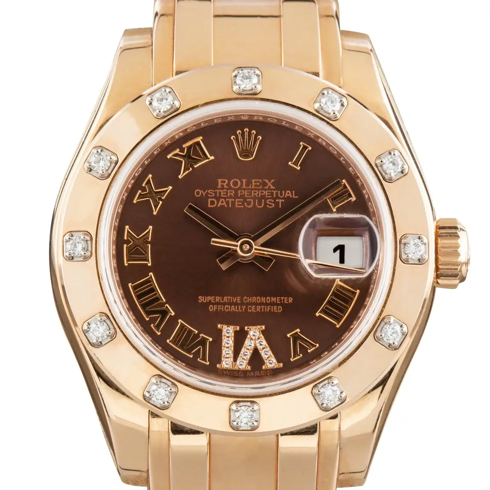 Rolex Pearlmaster 80315 with a chocolate Roman-numeral dial, gem-set Everose gold bezel and Everose gold Pearlmaster bracelet, a pre-owned example, studio close-up of the case
