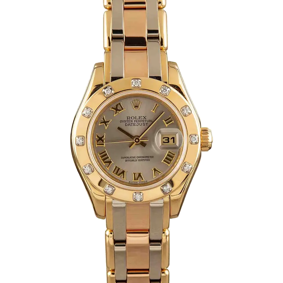 Rolex Pearlmaster 80318 with a dark mother-of-pearl Roman-numeral dial, gem-set yellow gold bezel and yellow gold Pearlmaster bracelet, a pre-owned example, front view of the whole watch