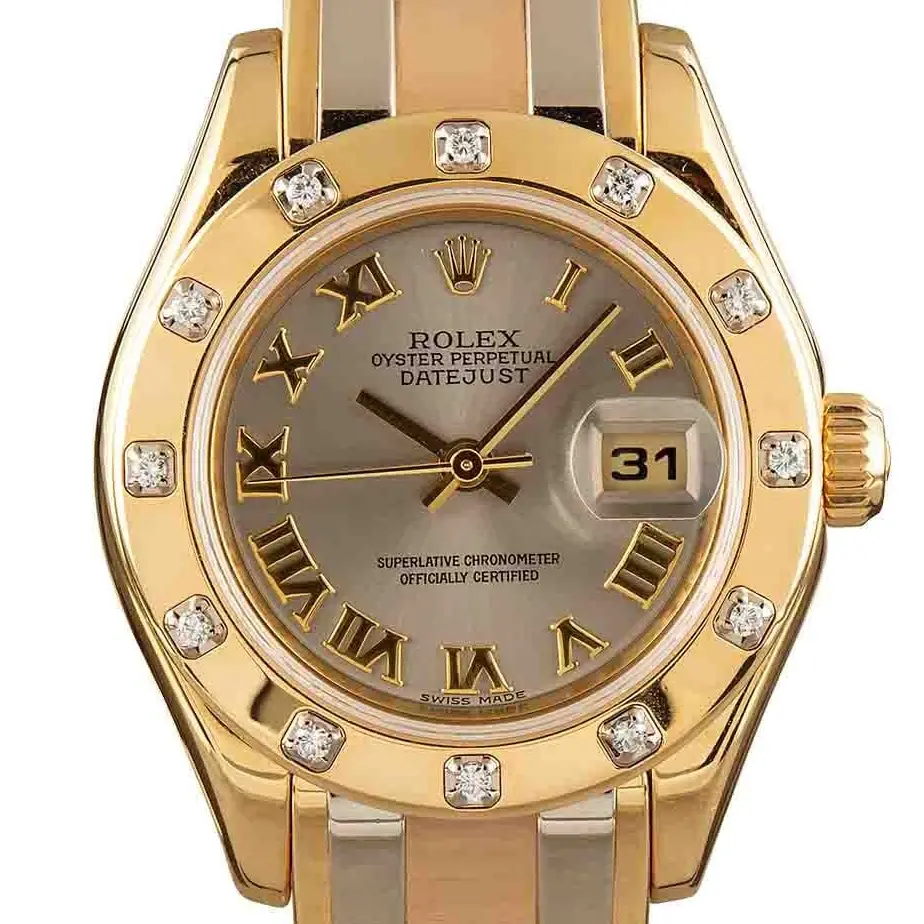Rolex Pearlmaster 80318 with a dark mother-of-pearl Roman-numeral dial, gem-set yellow gold bezel and yellow gold Pearlmaster bracelet, a pre-owned example, studio close-up of the case