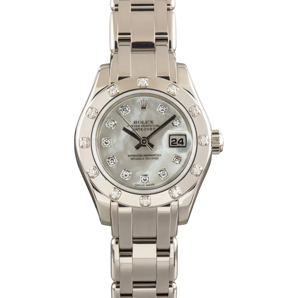 Rolex Pearlmaster 29 80319 with a grey mother-of-pearl dial with diamond hour markers, gem-set white gold bezel and white gold Pearlmaster bracelet, a pre-owned example, front view of the whole watch