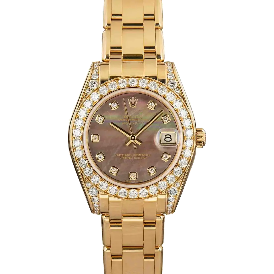 Rolex Pearlmaster 81158 with a dark mother-of-pearl dial with diamond hour markers, diamond-set bezel and lugs and yellow gold Pearlmaster bracelet, a pre-owned example, front view of the whole watch