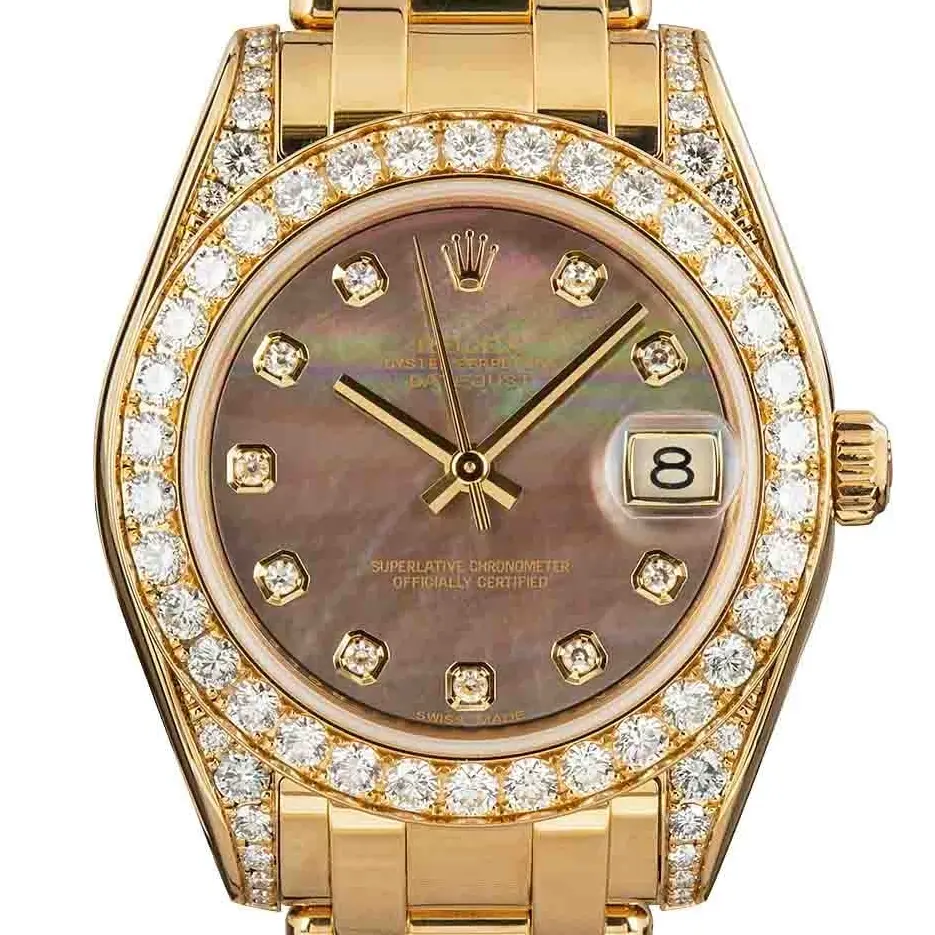 Rolex Pearlmaster 81158 with a dark mother-of-pearl dial with diamond hour markers, diamond-set bezel and lugs and yellow gold Pearlmaster bracelet, a pre-owned example, studio close-up of the case