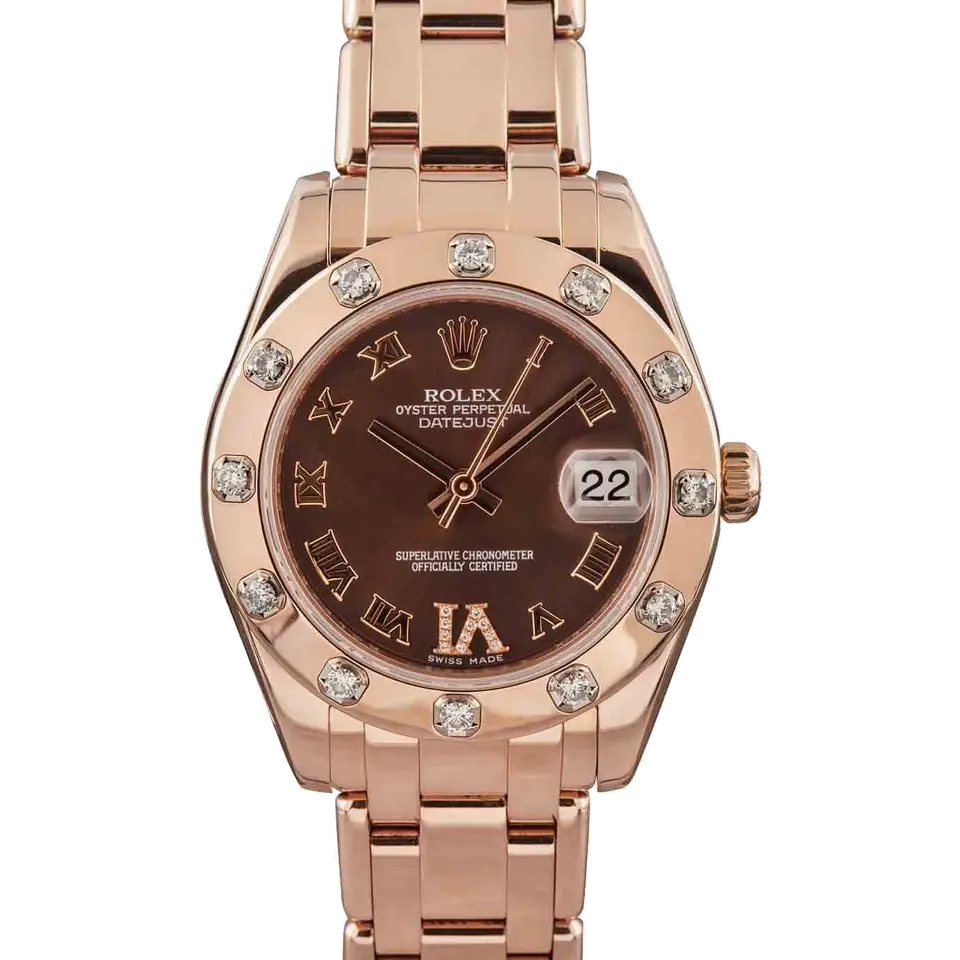 Rolex Pearlmaster 81315 with a chocolate Roman-numeral dial, gem-set Everose gold bezel and Everose gold Pearlmaster bracelet, a pre-owned example, front view of the whole watch
