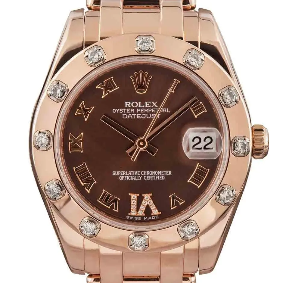 Rolex Pearlmaster 81315 with a chocolate Roman-numeral dial, gem-set Everose gold bezel and Everose gold Pearlmaster bracelet, a pre-owned example, studio close-up of the case