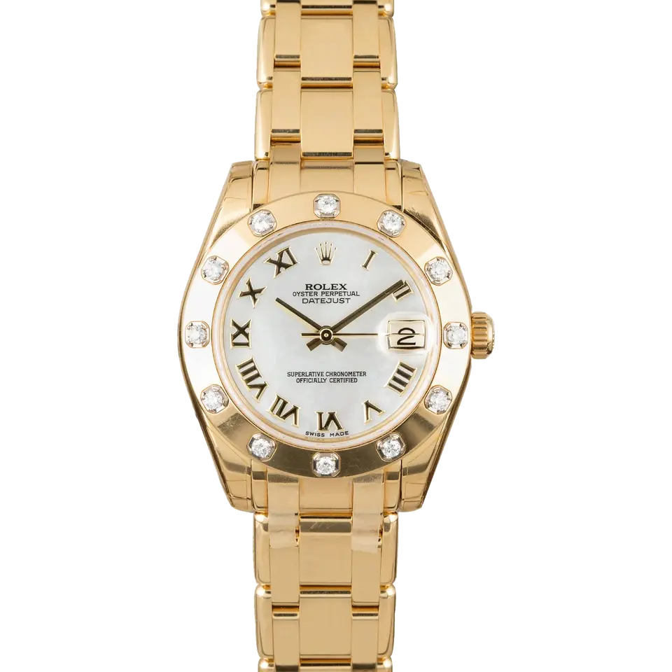 Rolex Pearlmaster 34 81318 with a white Roman-numeral dial, gem-set yellow gold bezel and yellow gold Pearlmaster bracelet, a pre-owned example, front view of the whole watch