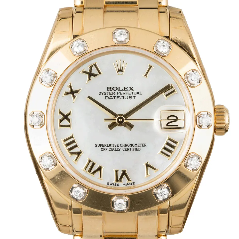 Rolex Pearlmaster 34 81318 with a white Roman-numeral dial, gem-set yellow gold bezel and yellow gold Pearlmaster bracelet, a pre-owned example, studio close-up of the case
